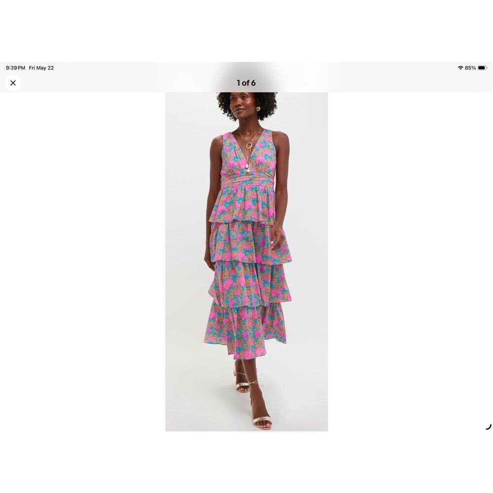 Hyacinth House Floral Tiered Midi Dress Medium Pink Blue Cotton NWT Resort Boho